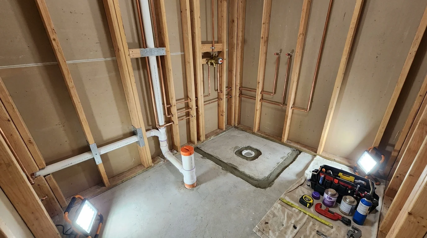 Bathroom rough-in plumbing during remodel by Johns Plumbing LLC in West Grove