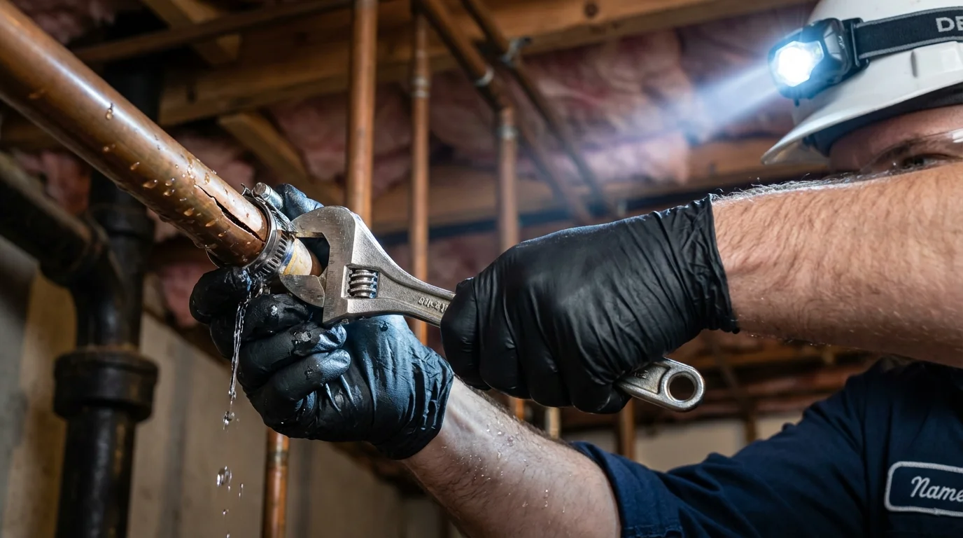 Emergency pipe clamp repair being performed by a Johns Plumbing LLC plumber in West Grove