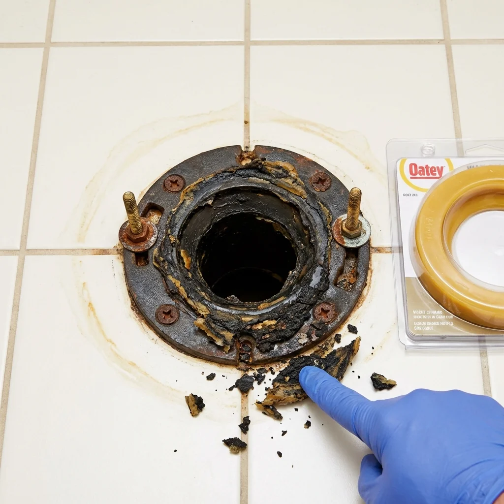 Failed wax ring showing water seepage at the base of a toilet in a West Grove, PA home