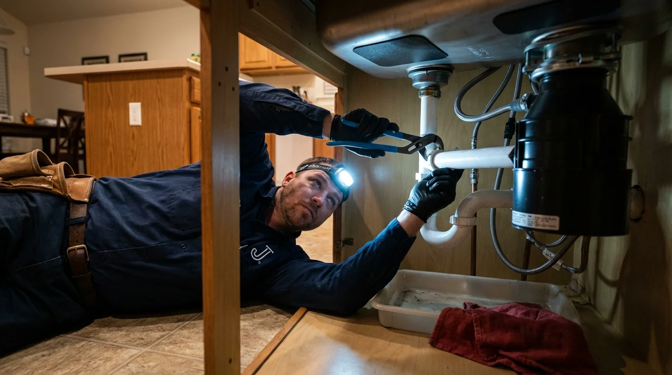 P-trap and supply line connections under a kitchen sink showing a common leak point in West Grove, PA